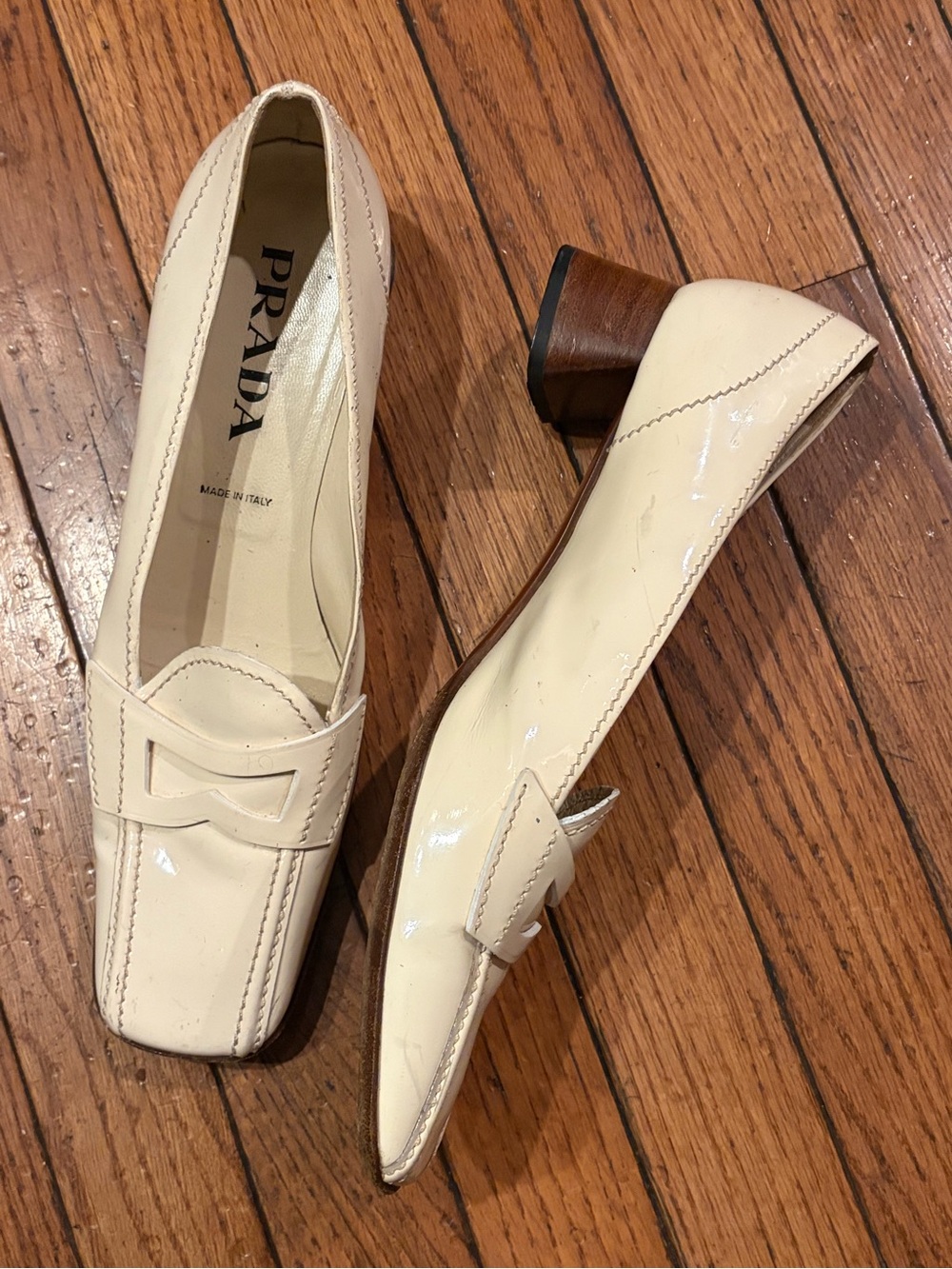 Prada Cream Patent Leather Low Block Heel Loafers size 39 1/2